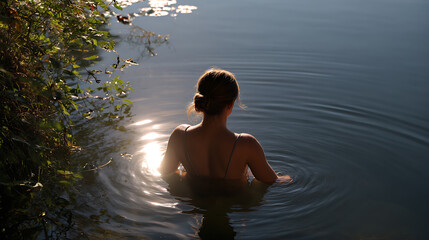 Fototapeta premium Woman Bathe in Tranquil Lake Water with Sunlight Glimmer, Scenic Outdoor Refreshment and Serenity at Sunset, Calm Nature Retreat