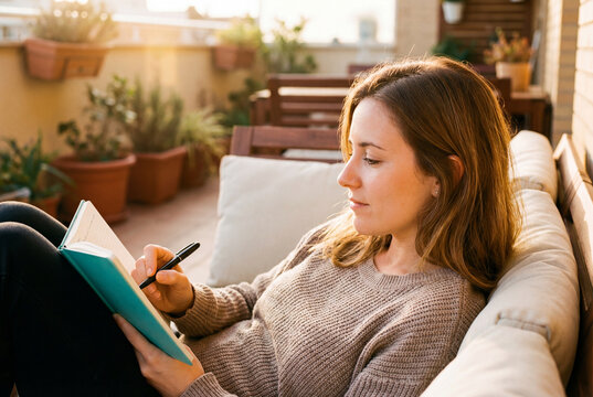 Woman writing in a notebook while relaxing on a cozy terrace at sunset. Concept of mindfulness and reflective lifestyle.
