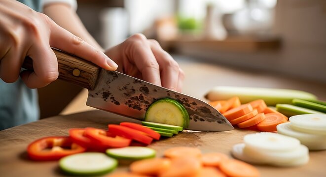 Hands slice vibrant vegetables on a cutting board for healthy cooking