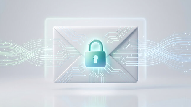 Secure email communication concept with white 3d envelope and glowing digital padlock icon representing encrypted messaging data privacy and cyber security on a white background