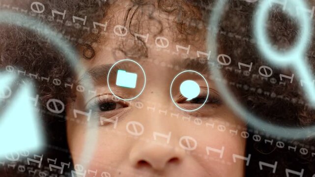 Woman opening eyes while binary streams appearing and spawning icons over eyes, tech revealing face