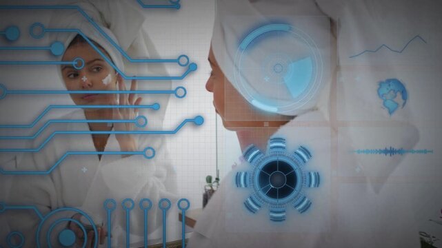 Woman dabbing cream from jar applying inspecting skin while blue AR HUD overlaying mirror and face