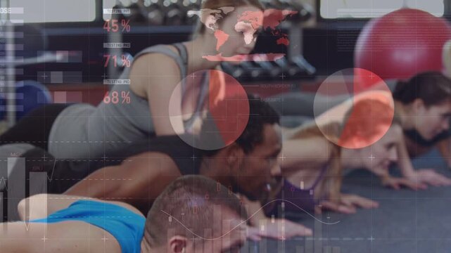 Fitness group following coach cue, doing push-ups lowering then rising with overlays tracking form