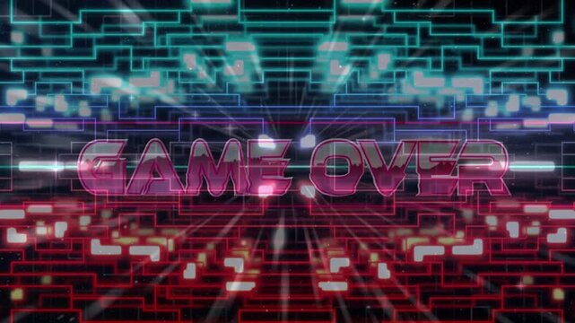 Gaming endscreen showing magenta GAME OVER sign appearing as grid revealing, outlining wireframes