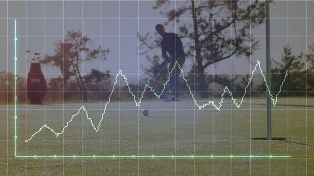 Golfer aligning on green, grid or graph climbing initiating putt, ball rolling, feeding golf analyti