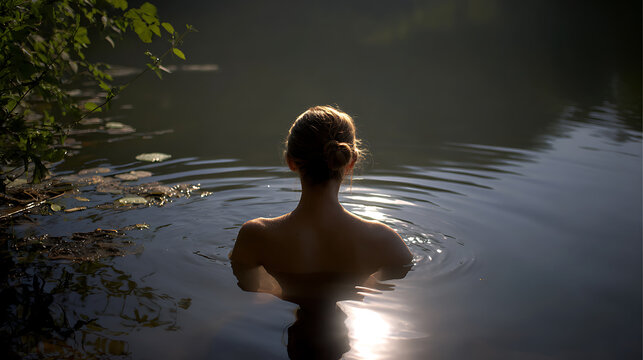 Serene woman with bun hair immerses in tranquil lake water at sunset, back to camera, peaceful nature scene, reflection, outdoor escape, calm moment
