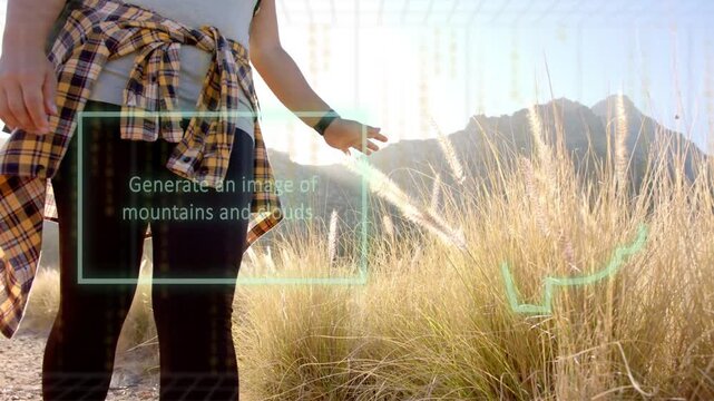 Woman walking trail, reaching grasses, causing AR UI shifting into mountain icon, camera closing