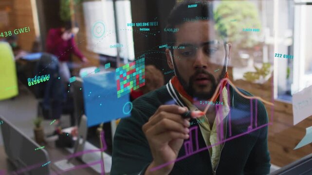 Analyst raising marker sketching magenta line on clear glass integrating tech overlays for insight