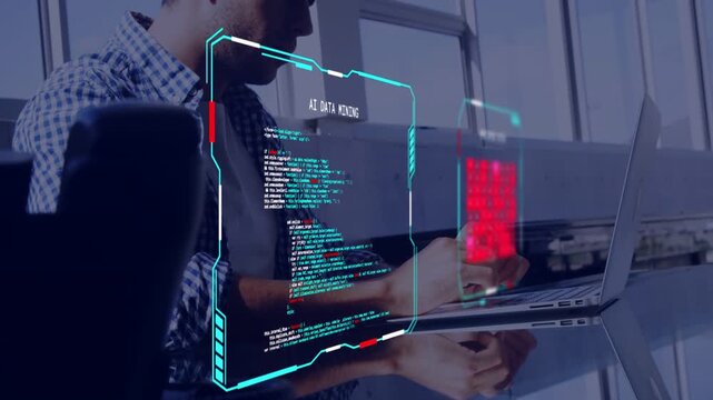 Developer typing laptop in lounge, activating HUD updating code and red matrix, monitoring systems