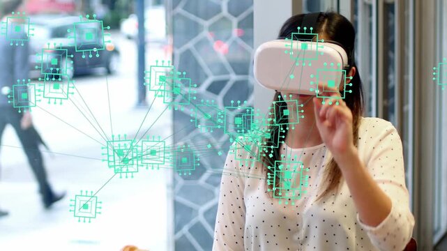 Woman using right hand with VR headset starting, gradually manipulating teal nodes for tech demo