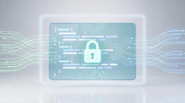 Secure digital code protection concept with glowing padlock icon on glass screen representing encrypted software programming data privacy and cyber security on white background