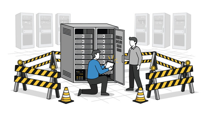 Two IT professionals perform server maintenance inside a secure server room area with black and yellow caution tape barriers surrounding the active hardware equipment rack.