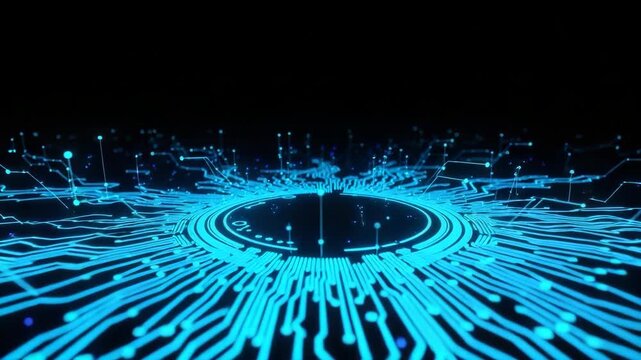 Futuristic Digital Circuit Board With Interconnected Lines Glowing Nodes Data Processing Network Connections Set Against Dark Background For Technology Presentations Data Visualizati