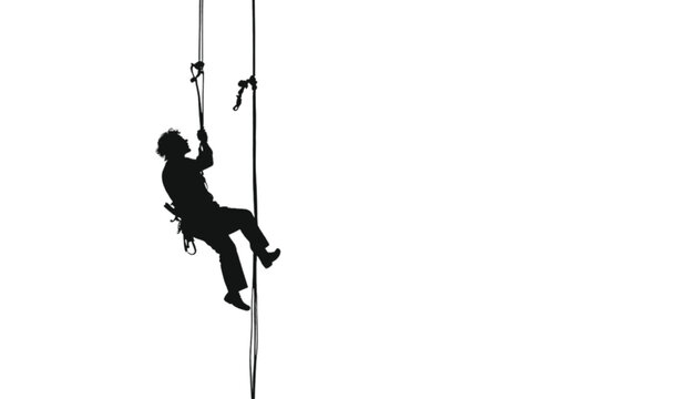 Worker silhouette hanging from a high rope performs maintenance tasks on an industrial structure.