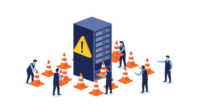 A team of business professionals collaborates on server infrastructure optimization by placing bright orange safety cones around a large central computer tower in office.