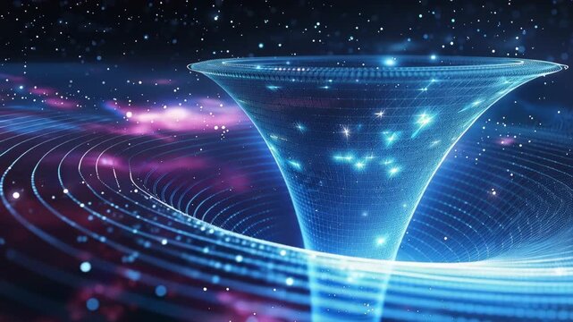 Abstract visualization of a black hole warping spacetime fabric with glowing light particles and digital grid 4k video