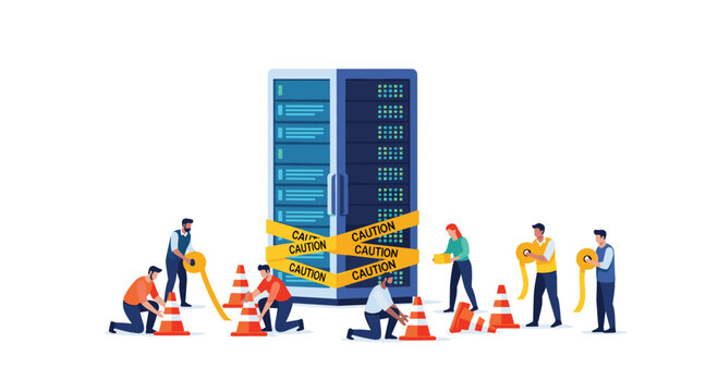 A group of technicians working around a large server rack wrapped in caution tape in a data center setting with modern industrial flat graphic style.