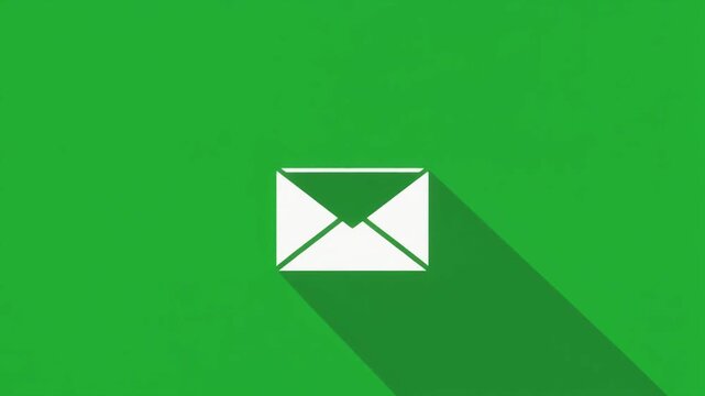 Vector email envelope icon, minimalist flat design with long shadow. Centered on a vibrant green background, symbolizing digital communication and modern messaging concepts