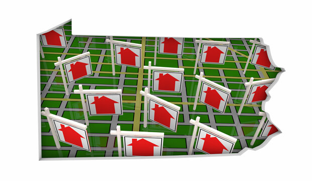 Pennsylvania PA State Real Estate Market Homes Houses For Sale Signs Map Move Relocate 3d Illustration