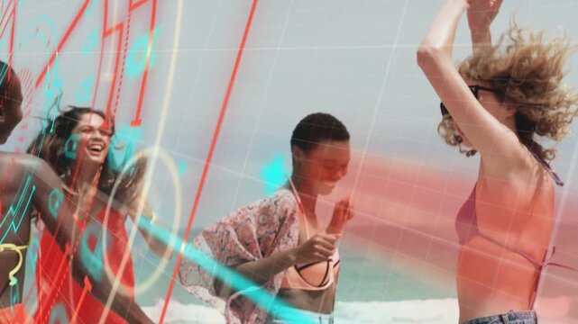 Lead woman bobbing, 4 women dancing on beach circuit overlay scrolling over them celebrating for ad