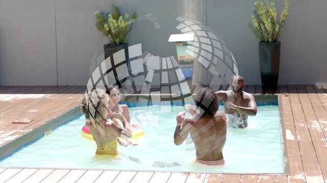 right man reaching up sending beach ball ring while group playing in pool, lifestyle logo appearing