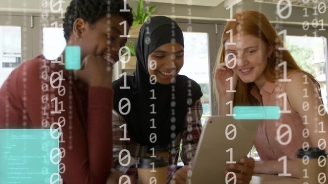 Students in cafe tapping tablet, causing teal chat boxes sliding over then receding for class