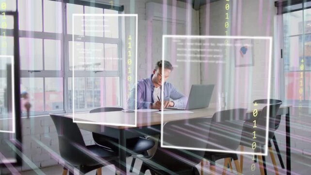 Man using laptop, checking phone in office, causing AR 0 or 1 frames layering then fading for analys
