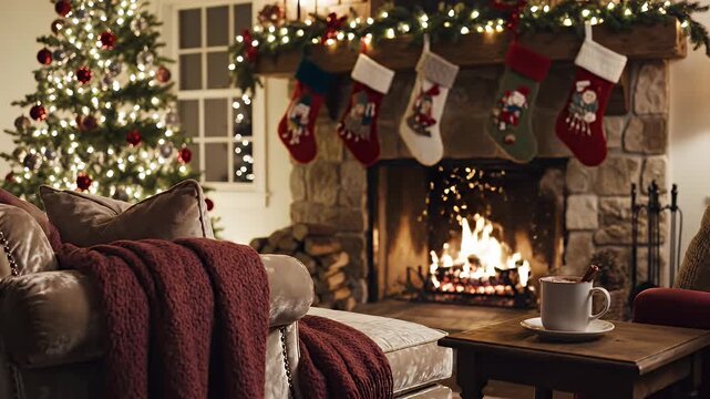 Cozy Christmas Living Room with Fireplace and Tree - A cozy living room scene features a warmly lit Christmas tree adorned with red and silver ornaments, set beside a roaring fireplace.