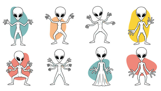 Set of various alien character poses and expressions featuring classic grey extraterrestrial beings with multiple arms and thin bodies.