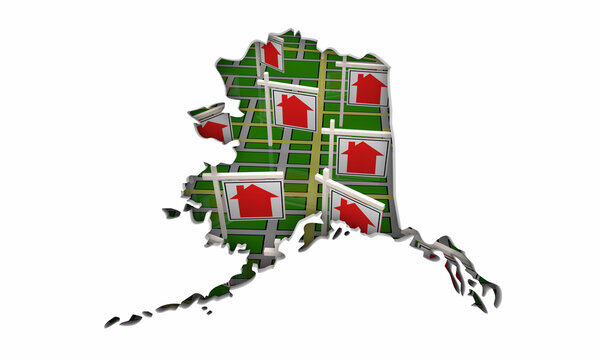 Alaska AK State Real Estate Market Homes Houses For Sale Signs Map Move Relocate 3d Illustration