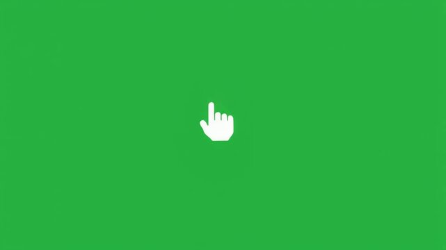 Vector illustration of a flat white hand cursor icon centered on a vibrant green screen background, perfect for indicating a click or selection in digital interfaces and applications