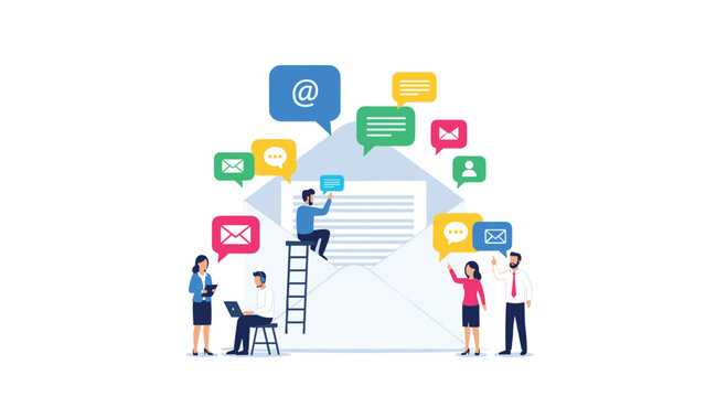 A group of professional people interact with a large central envelope icon surrounded by floating colorful message notification bubbles and symbols on a white background.