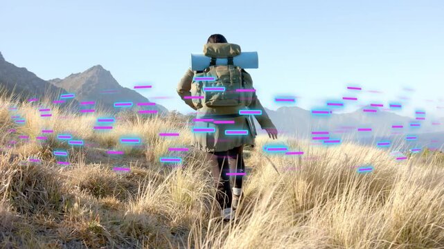 Woman hiker turning, walking along outdoor ridge with pack heading up as purple glitch passing over