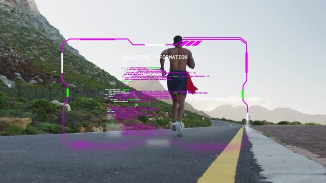 Camera starting while male runner moving away along yellow centerline, HUD overlay tracking fitness