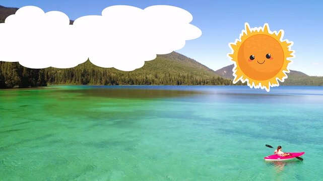 Clouds drifting and sun peeking, pink kayak entering and paddling across cyan lake for fun