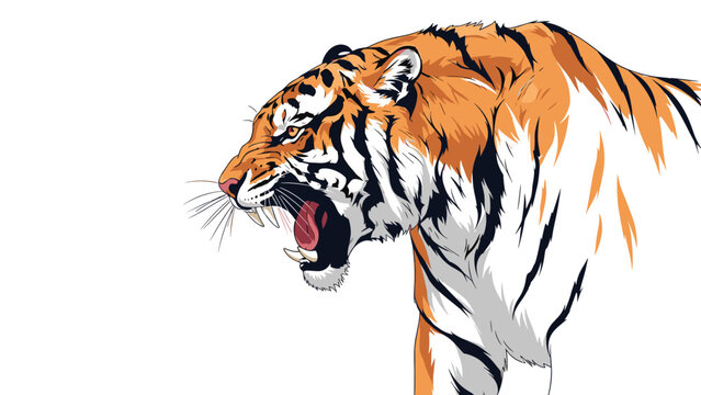 Powerful tiger profile illustration shows the animal roaring with its mouth wide open featuring vibrant orange and black fur patterns.