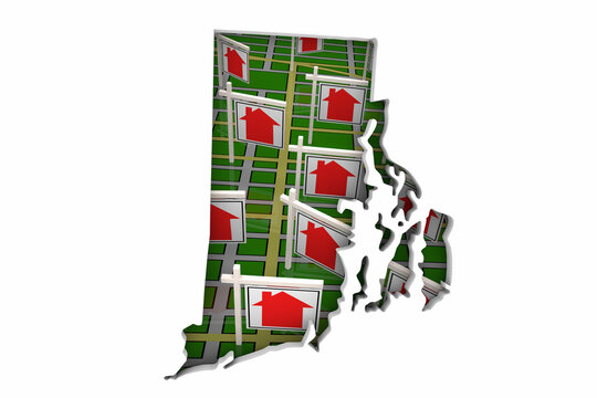 Rhode Island RI State Real Estate Market Homes Houses For Sale Signs Map Move Relocate 3d Illustration