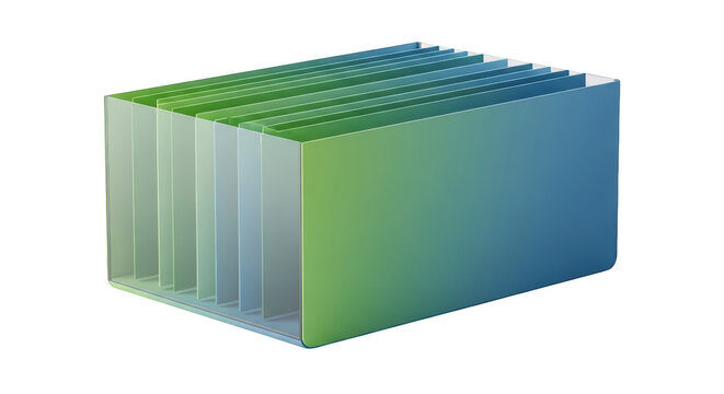 Rectangular metal heatsink with parallel cooling fins, featuring a blue to green gradient color transition, isolated on