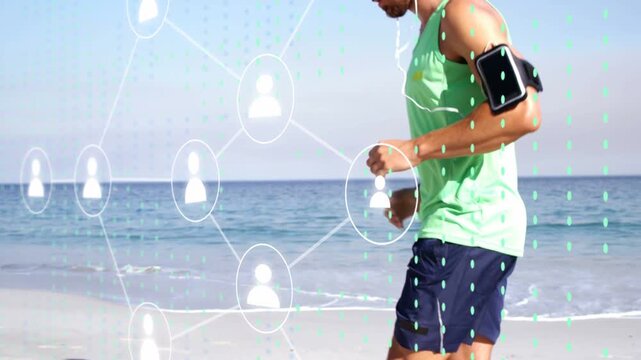 Male runner jogging shore, movement activating armband phone icons, data grid growing for fitness