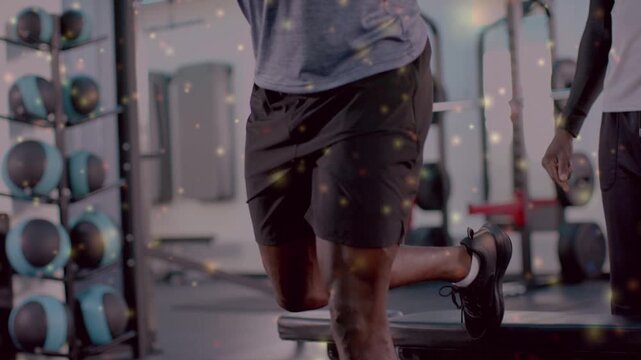 Client stepping on bench doing split-squat with bar camera panning sparkle showing legs for fitness