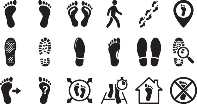 Human foot and shoe print icons set, featuring clean walking and footprint symbols, minimal design elements, and clear shapes isolated on white background for signage, education