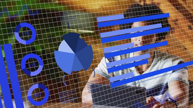Musician shifting guitar, reaching laptop while blue charts sliding, revealing face, preparing set