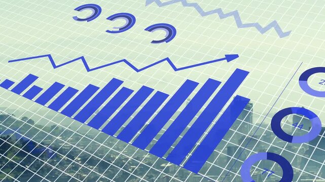 Zigzag starting, data chart animating bars rising, line drawing, pie forming, binary showing trends