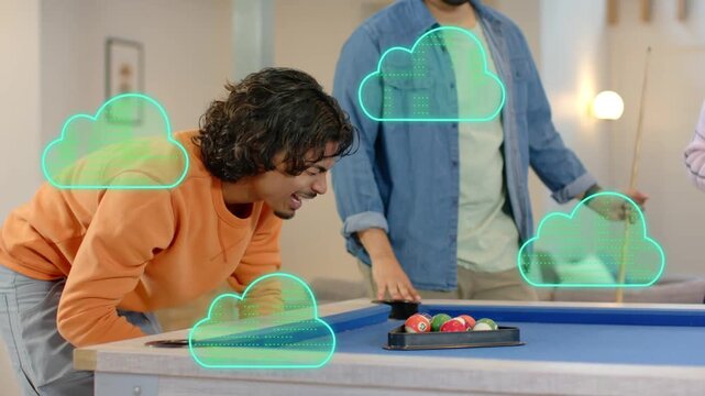 Standing man pointing, leaning racking balls starting on pool table, teal clouds over them, gaming