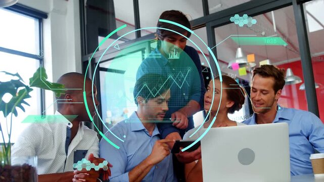 Lead holding smartphone pointing, colleague tapping scrolling, team viewing HUD charts for product