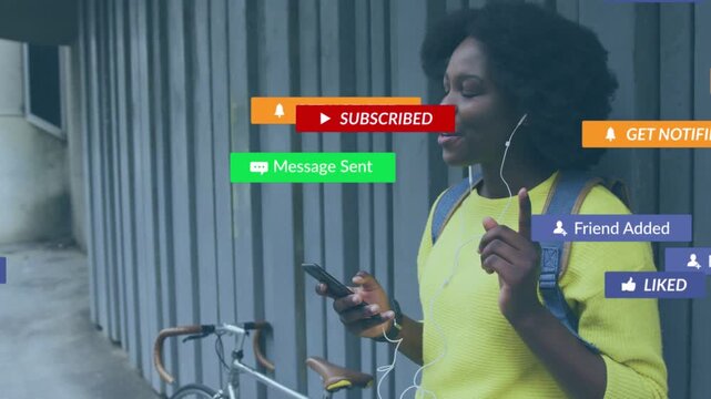 Woman leaning, tapping phone, engaging social media, badges clustering near head then clearing