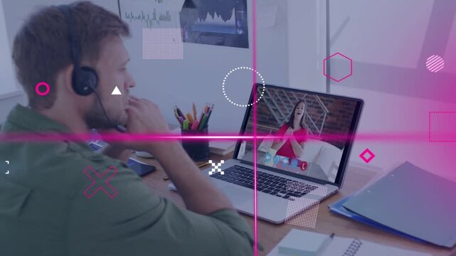 Man wearing headset watching laptop speaker speaking, pink overlays rising then fading for business