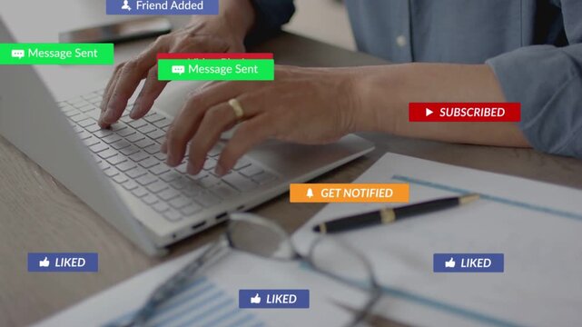 Man typing on laptop at desk, generating social media badges occluding hands while tracking metrics