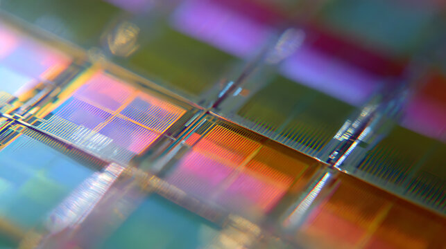 Macro view of microchips on a semiconductor wafer, showing intricate silicon patterns and colorful light refractions, abstract technology background