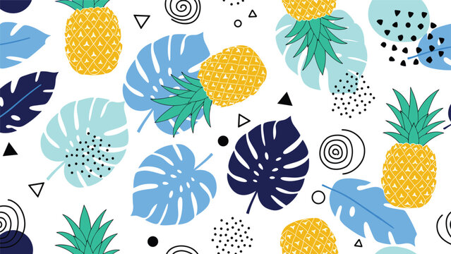 Vibrant tropical seamless pattern showcasing yellow pineapples and blue monstera leaves with playful abstract geometric shapes on white background.
